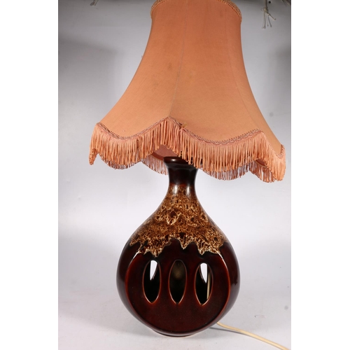 618 - Mid-century West German fat lava style pottery lamp in the form of a Haig's Dimple bottle with brown... 