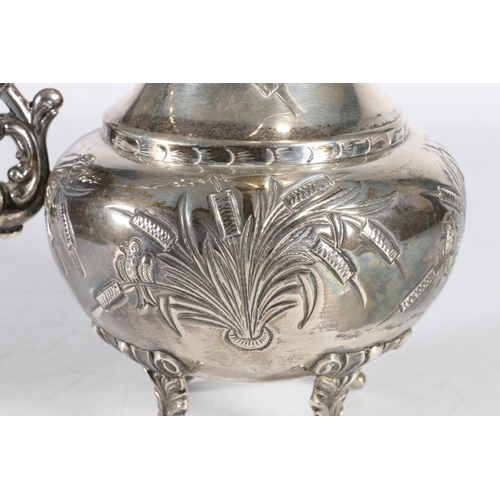 4 - Spanish 915 grade silver ewer jug with relief cattail and bird decoration and elaborate scroll handl... 