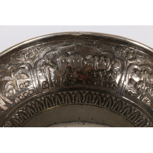 6 - Indian white metal pedestal bowl with six vignettes of farming scenes, unhallmarked, 15cm diameter, ... 