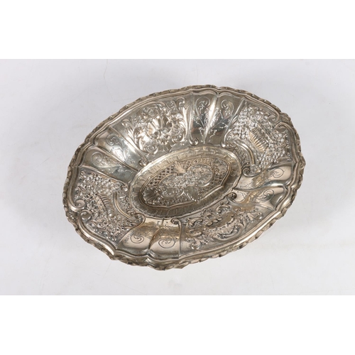 67B - Continental silver pierced and repousse rococo style footed dish marked 800, 26 x 20cm, 279g. 