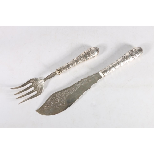 67F - Victorian fish knife and fork servers with silver blade and handle, hallmarked Martin, Hall & Co... 