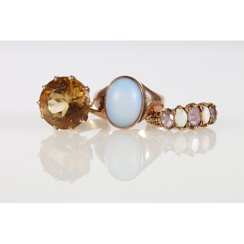 100 - 9ct gold opal and amethyst five-stone dress ring, ring size O, 4.3g, a 9ct citrine dress ring, ring ... 