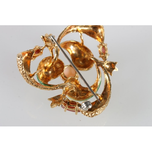 143 - 18ct gold enamel and stone set brooch in the form of three boteh shaped swirls, stamped '750 689 AR'... 