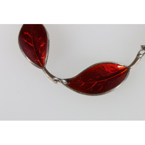 180 - Willy Winnaess for David Andersen of Norway, a Norwegian Sterling silver and red enamel leaf link ne... 