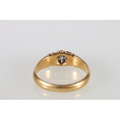 80 - Gold solitaire diamond ring in a gypsy setting, the diamond approximately 0.5cts, ring size T, 5.6g.