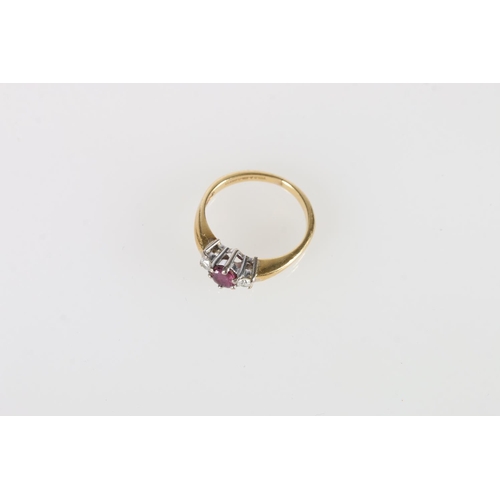 84 - 18ct gold ruby and diamond three-stone dress ring, maker L B Ltd, size I, 2.8g gross.