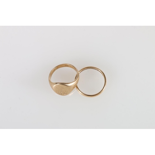 99 - 18ct gold plain wedding band ring, ring size P, 3.3g and a 9ct gold signet ring, ring size N, 5.3g.