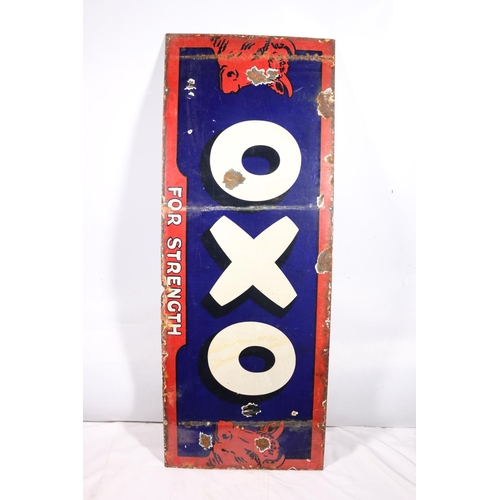 346 - Vintage enamelled metal Oxo sign with 'For Strength' motto and shorthorn, 46cm x 122cm.