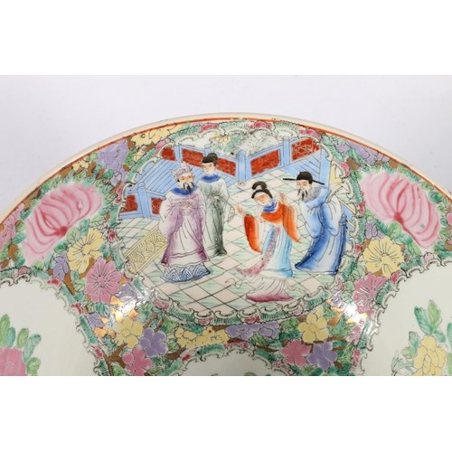 350A - Chinese famille rose punch bowl, painted in enamel soft colours and depicting an imperial court scen... 