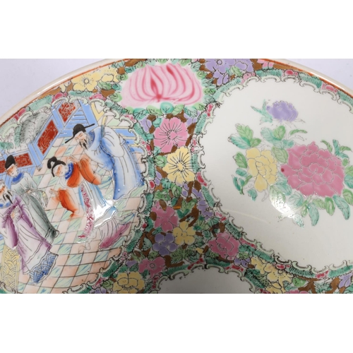 350A - Chinese famille rose punch bowl, painted in enamel soft colours and depicting an imperial court scen... 