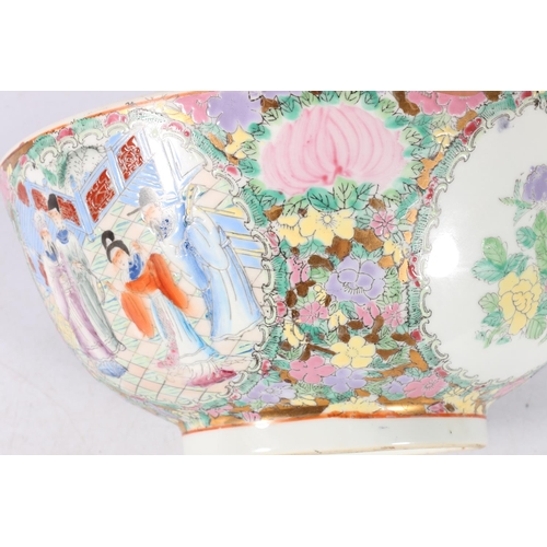 350A - Chinese famille rose punch bowl, painted in enamel soft colours and depicting an imperial court scen... 