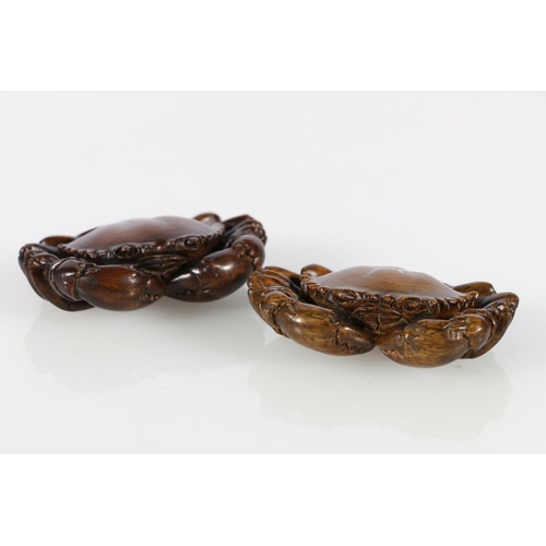 375A - Two carved wood netsukes in the form of crabs, both signed to underside, 6 x 4cm