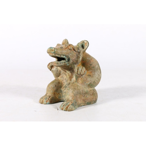 380A - Chinese seated bronze bear model shown growling, with head up and mouth open to show his teeth, 9 x ... 