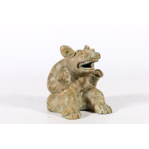 380A - Chinese seated bronze bear model shown growling, with head up and mouth open to show his teeth, 9 x ... 