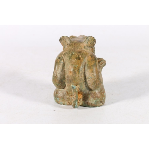 380A - Chinese seated bronze bear model shown growling, with head up and mouth open to show his teeth, 9 x ... 