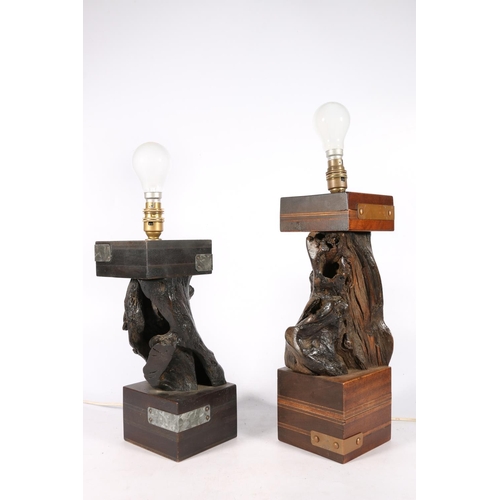 415A - Pair of burr root wood table lamps on hardwood blocks with satinwood stringing, 42cm to top of lamp ... 