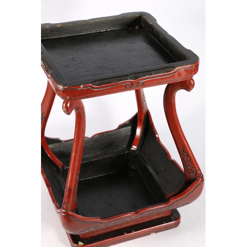 425A - Early 20th century Chinese red lacquer urn stand or occasional table, 40 x 26 x 26cm.