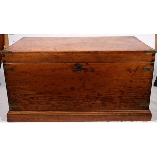 440A - Brass bound twin handled military campaign style wooden chest, with original key, 40 x 40 x 77cm.