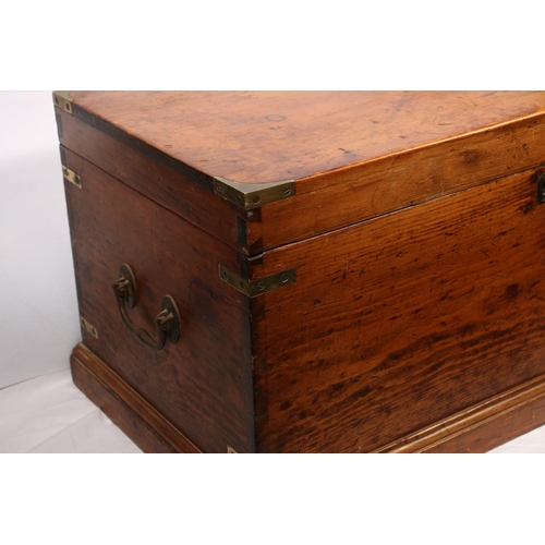 440A - Brass bound twin handled military campaign style wooden chest, with original key, 40 x 40 x 77cm.