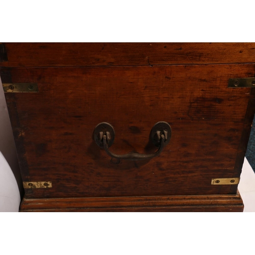 440A - Brass bound twin handled military campaign style wooden chest, with original key, 40 x 40 x 77cm.