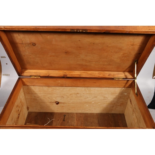 440A - Brass bound twin handled military campaign style wooden chest, with original key, 40 x 40 x 77cm.