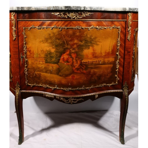 445A - French walnut and mahogany, gilt metal mounted, serpentine shaped marble top, painted commode chest,... 