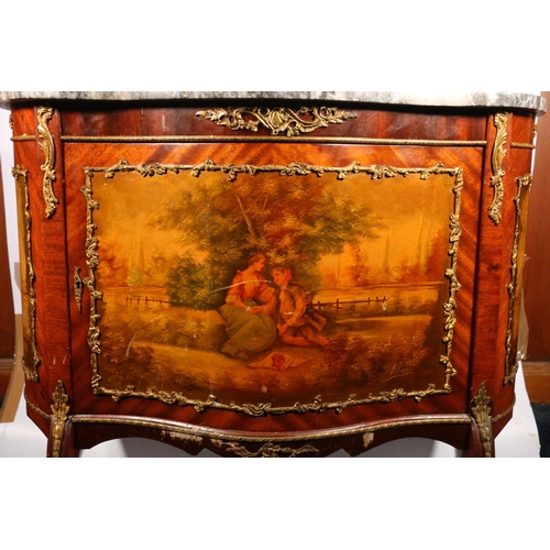 445A - French walnut and mahogany, gilt metal mounted, serpentine shaped marble top, painted commode chest,... 