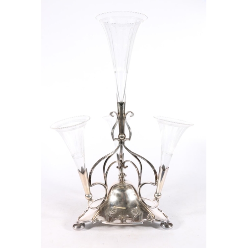 450A - Art Nouveau style James Dixon & Sons of Sheffield silver-plated epergne with four cut-glass flut... 