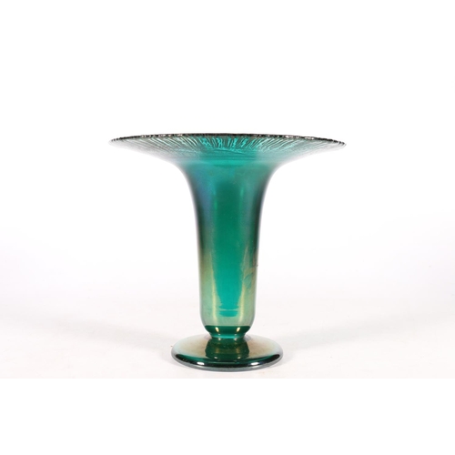 490A - French Tiffany style trumpet green tinted glass vase, 19cm.