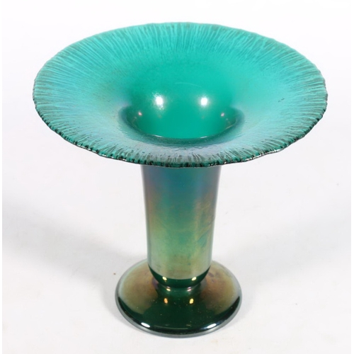 490A - French Tiffany style trumpet green tinted glass vase, 19cm.