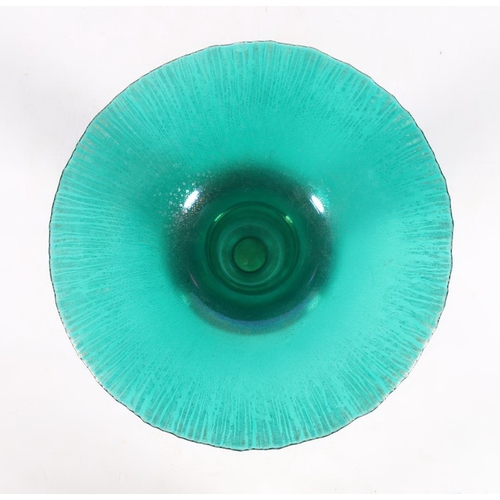 490A - French Tiffany style trumpet green tinted glass vase, 19cm.