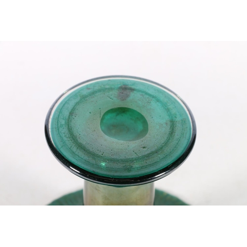 490A - French Tiffany style trumpet green tinted glass vase, 19cm.