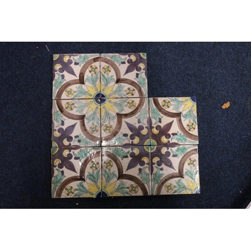 60A - Eight tiles decorated with flowers, within a quatrefoil medallion centre, 'Fabrique Francaise Naples... 