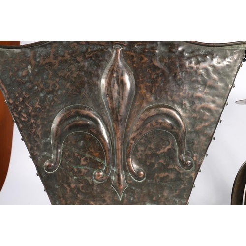 67N - Pair of Arts & Crafts copper fire dogs, and a similar coal box, together with an Arts & Craf... 