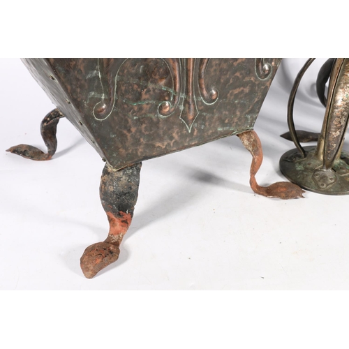 67N - Pair of Arts & Crafts copper fire dogs, and a similar coal box, together with an Arts & Craf... 