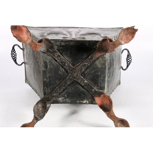 67N - Pair of Arts & Crafts copper fire dogs, and a similar coal box, together with an Arts & Craf... 