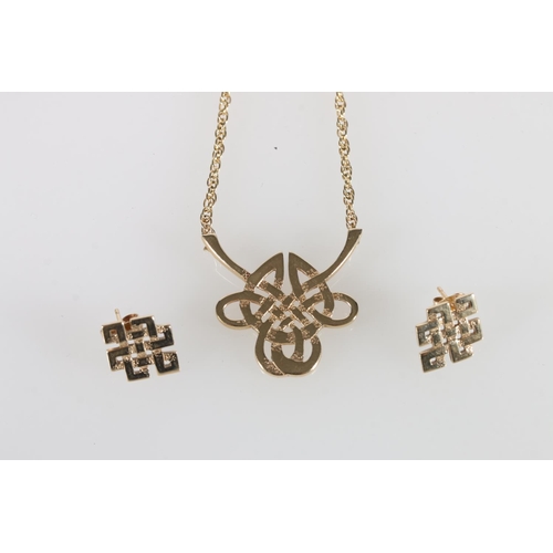 107 - Ola Marie Gorie (Scottish b1937), a 9ct gold 'Book of Kells' pendant on chain and a pair of similar ... 