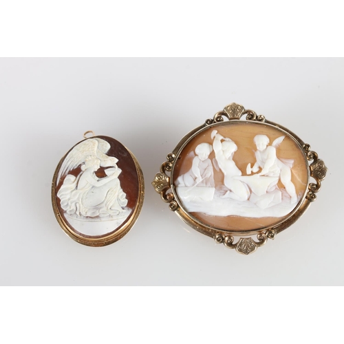 127 - 18ct gold mounted oval carved cameo shell brooch depicting female figure with eagle, 5.7g gross and ... 