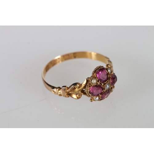 131 - Antique 15ct gold ruby and seed pearl ring, 2.0g.