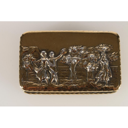 50 - Contemporary silver gilt snuff box, the top decorated in relief with an image of a wedding couple an... 