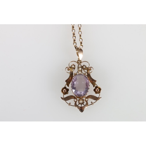 68 - 9ct gold pendant set with large, faceted amethyst and small seed pearls, on a 9ct gold chain, 8.5g g... 