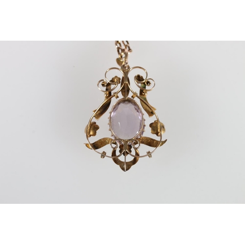 68 - 9ct gold pendant set with large, faceted amethyst and small seed pearls, on a 9ct gold chain, 8.5g g... 