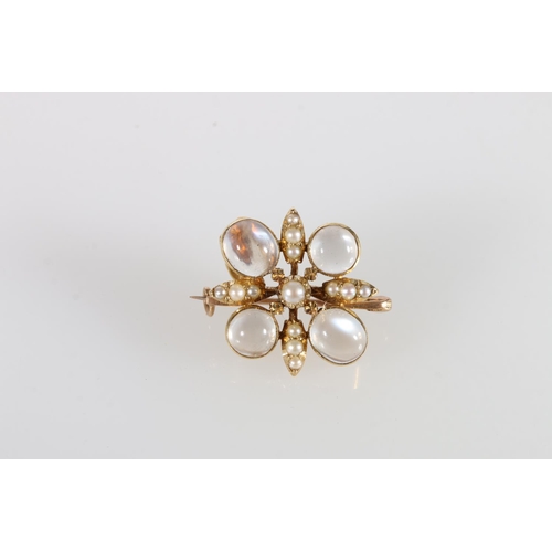 74 - Unhallmarked yellow gold Holbein combination brooch pendant set with four moonstones and seed pearls... 