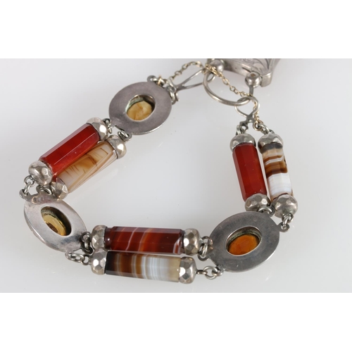 76 - Scottish pebble set bracelet with octagonal prism shaped links of banded agates and three links with... 