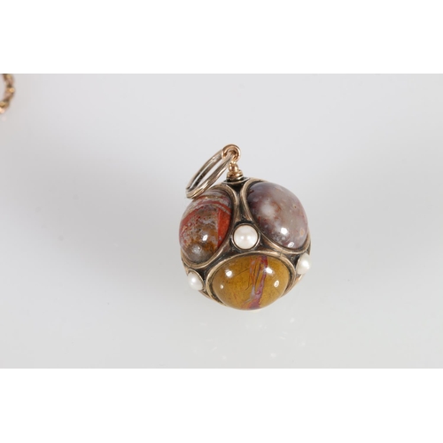 78 - Yellow metal Scottish pebble set spherical pendant set with banded agates and pearls, 15.7g on a 9ct... 