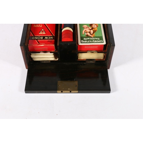 348 - Victorian bird's eye walnut games compendium box with fitted interior having lift out gaming tokens ... 