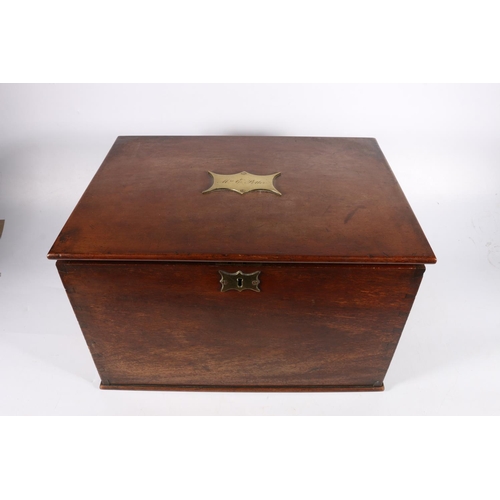 354 - 19th c. mahogany hinged box with brass shaped plaque to top inscribed, 