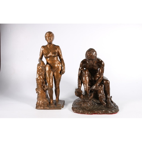 365 - Adam and Eve, two cast metal figures, both indistinctly signed, 39cm.