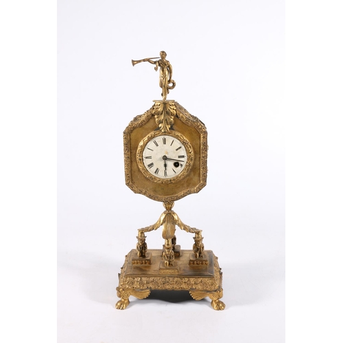 383 - French gilt spelter mantle clock with finial in the form of a figure holding a wreath and blowing a ... 