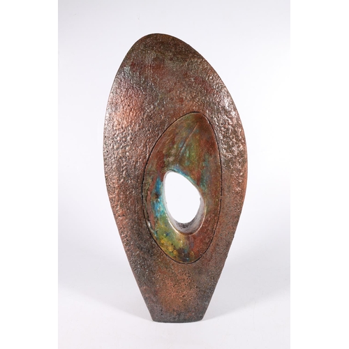 455 - SHAUN HALL, Blade, a studio art pottery raku fired vase with copper lustre glaze, cut hole design, s... 